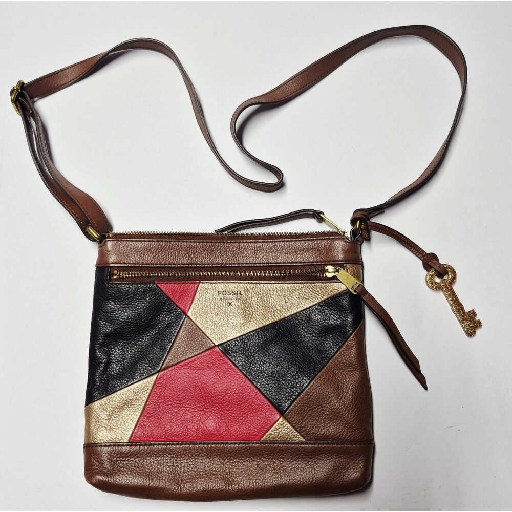 Fossil Leather Crossbody Bag Patchwork Colorblock Brown Black Pink Key Charm EUC